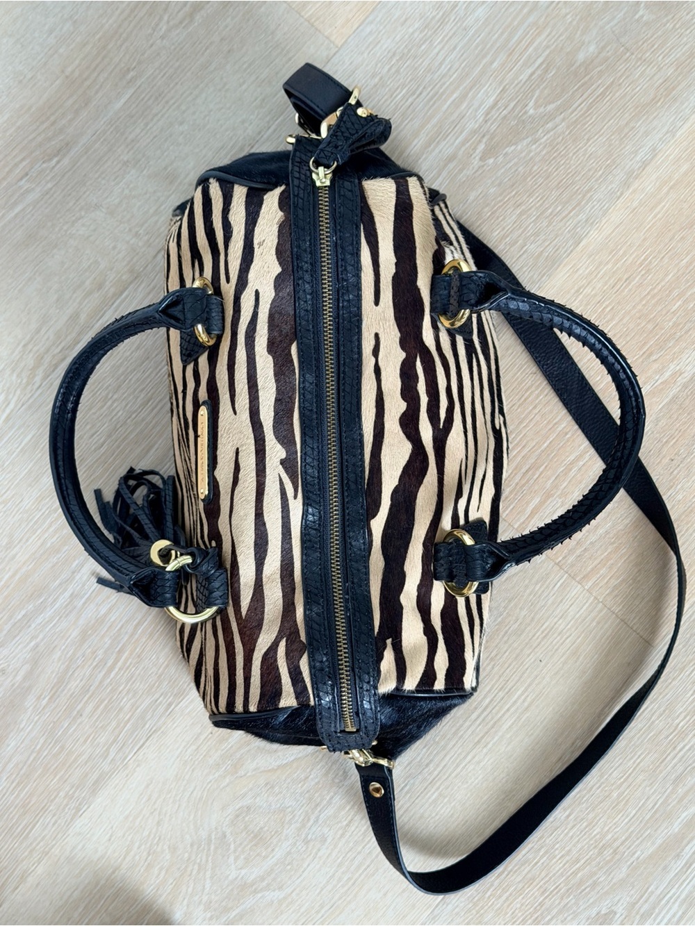 RARE Y2K Cynthia Rowley Zebra Cowhide Hair Leather Duffle Satchel Crossbody Bag - Picture 7 of 14